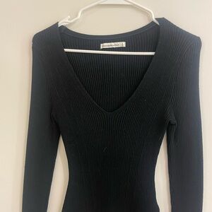 Abercrombie & Fitch Black Ribbed V-Neck Long Sleeve Bodysuit